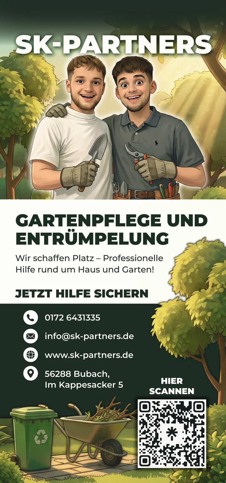 SK-Partners Flyer Vorderseite – Gartenpflege und Entrümpelung, Kontaktdaten